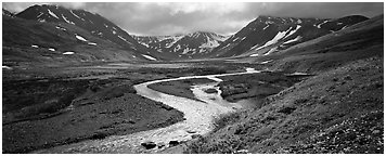 Mountain scenery with stream and tundra in summer. Lake Clark National Park (Panoramic black and white)