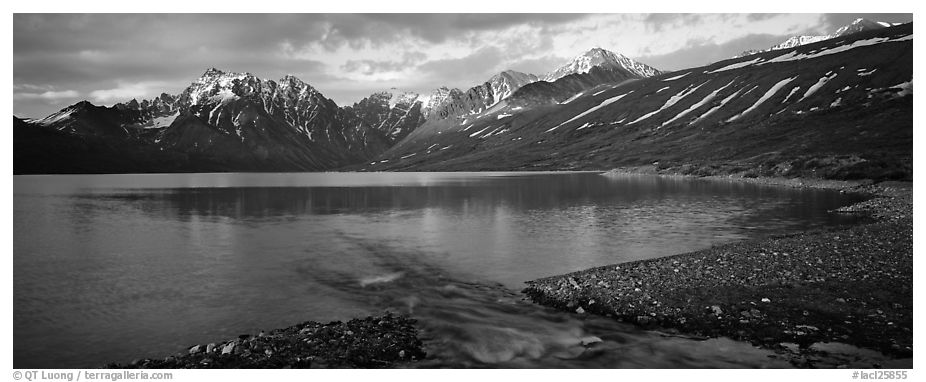 Stream flowing into mountain lake. Lake Clark National Park (black and white)