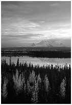 Mt Wrangell reflected in Willow lake, early morning. Wrangell-St Elias National Park, Alaska, USA. (black and white)