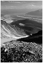 Junction of Kennicott and Root glaciers seen from Mt Donoho, late afternoon. Wrangell-St Elias National Park, Alaska, USA. (black and white)