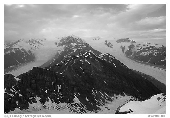 Kennicott and Root glaciers seen from Donoho Peak, evening. Wrangell-St Elias National Park (black and white)
