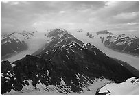 Kennicott and Root glaciers seen from Mt Donoho, evening. Wrangell-St Elias National Park, Alaska, USA. (black and white)