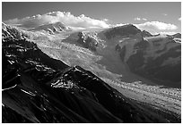 Root glacier seen from Mt Donoho, morning. Wrangell-St Elias National Park, Alaska, USA. (black and white)
