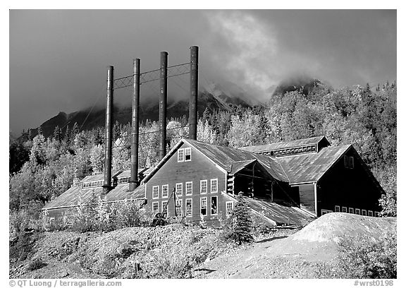 Kennicott historic copper mining buildings. Wrangell-St Elias National Park (black and white)