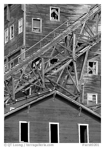Close-up of mill in Kennicott historic copper mine. Wrangell-St Elias National Park (black and white)