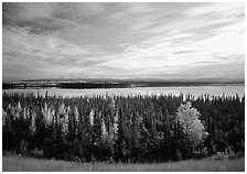 Forest, Willow Lake, and Wrangell range in the distance. Wrangell-St Elias National Park ( black and white)