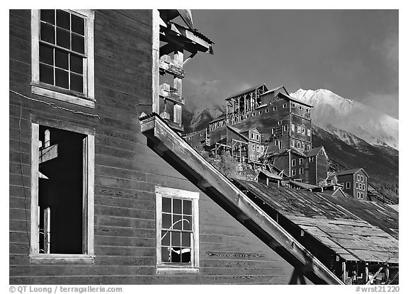 Kennicott historic  mine in storm light, late afternoon. Wrangell-St Elias National Park (black and white)