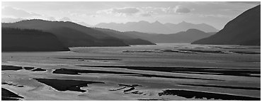 Riverbed of huge size with sand bars. Wrangell-St Elias National Park (Panoramic black and white)