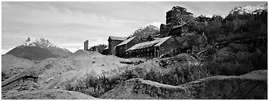 Abandonned mill buildings and moraine, Kennicott. Wrangell-St Elias National Park (Panoramic black and white)