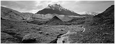 Glacial landscape with stream and moraine. Wrangell-St Elias National Park (Panoramic black and white)