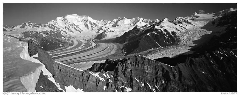 High mountain landscape with glaciers and snow-covered peaks. Wrangell-St Elias National Park (black and white)