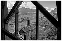Kennecott power plant and Root Glacier seen from the Mill. Wrangell-St Elias National Park, Alaska, USA. (black and white)