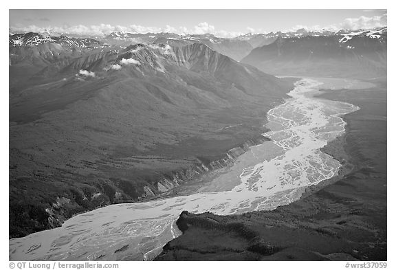 Aerial view of valley with wide braided river. Wrangell-St Elias National Park (black and white)