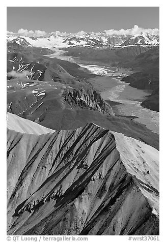 Aerial view of Nizina River and Glacier. Wrangell-St Elias National Park (black and white)