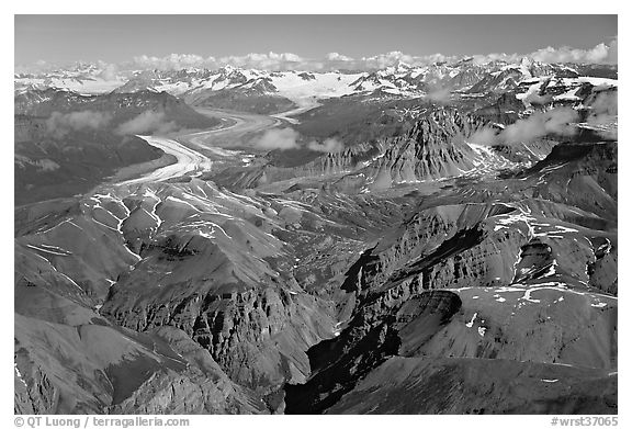 Aerial view of Chitistone Mountains and Nizina Glacier. Wrangell-St Elias National Park (black and white)