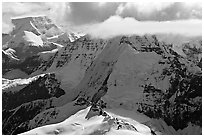 Aerial view of mountain with steep icy faces. Wrangell-St Elias National Park, Alaska, USA. (black and white)