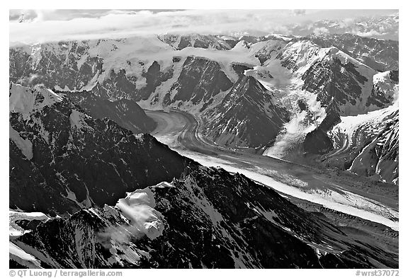 Aerial view of glacier, University Range. Wrangell-St Elias National Park (black and white)