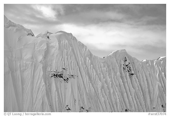 Aerial view of flutted wall, University Range. Wrangell-St Elias National Park (black and white)
