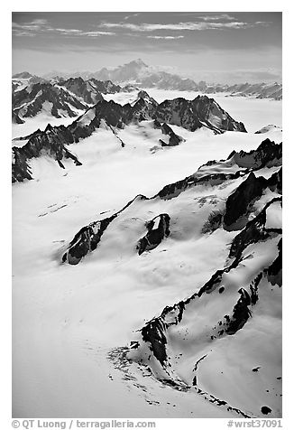 Aerial view of mountains with Mt St Elias in background. Wrangell-St Elias National Park (black and white)