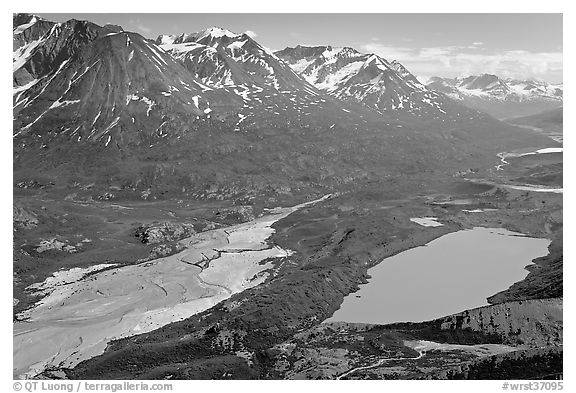 Aerial view of Ross Geen Lake and Granite Range. Wrangell-St Elias National Park (black and white)