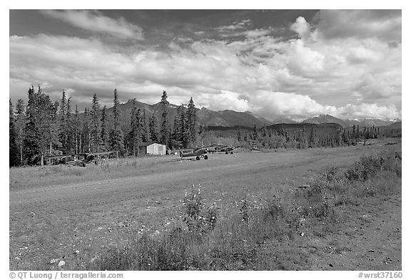 Airstrip at the end of Nabesna Road. Wrangell-St Elias National Park (black and white)