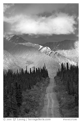 Road leading to mountains and clould lit by sunset light. Wrangell-St Elias National Park (black and white)