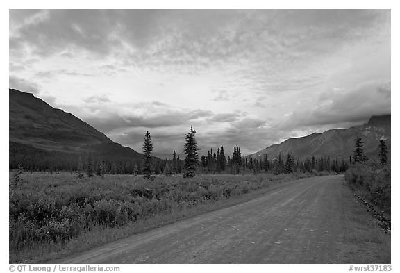 Nabena road at sunset. Wrangell-St Elias National Park, Alaska, USA.