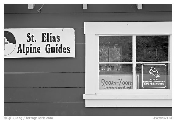 Mountain guide office with interesting signs. Wrangell-St Elias National Park (black and white)