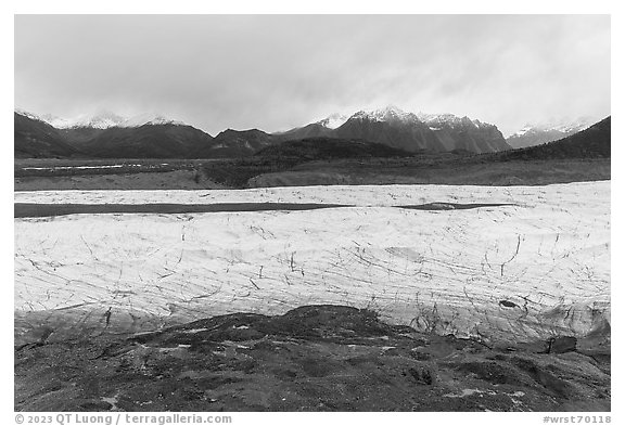 Moraines, Root Glacier, and Wrangell mountains. Wrangell-St Elias National Park (black and white)