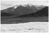 Root Glacier, forest in autum, and snowy mountains. Wrangell-St Elias National Park ( black and white)