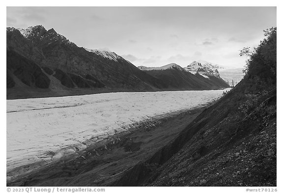 Recent landslide and Root Glacier below Stairway Icefall. Wrangell-St Elias National Park (black and white)