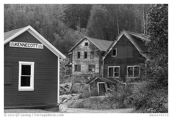 Restored Kennicott train station and dilapidated buildings. Wrangell-St Elias National Park (black and white)