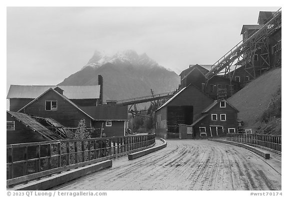 Kennicott historic mining town and Donoho Peak. Wrangell-St Elias National Park (black and white)