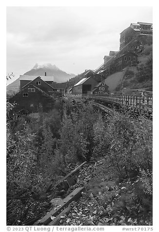 Kennicott historic mill town and Donoho Peak in autumn. Wrangell-St Elias National Park (black and white)