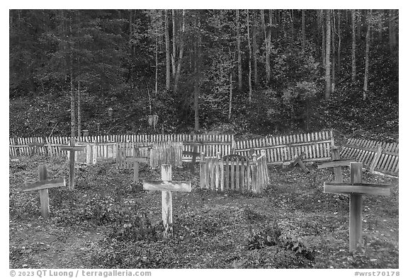 Wooden crosses and picket fences, Kennecott cemetery. Wrangell-St Elias National Park (black and white)