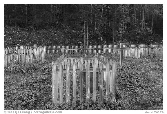 Fenced graves, Kennecott cemetery. Wrangell-St Elias National Park (black and white)