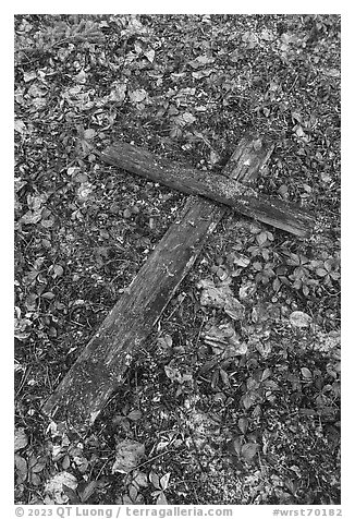 Fallen wooden cross, Kennecott cemetery. Wrangell-St Elias National Park (black and white)