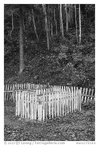 White picket fence and hillside, Kennecott cemetery. Wrangell-St Elias National Park (black and white)