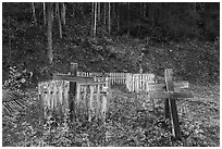 Weathered wooden crosses and fences, Kennecott cemetery. Wrangell-St Elias National Park ( black and white)