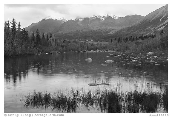 Pond, Kennicott, and Bonanza Ridge. Wrangell-St Elias National Park (black and white)
