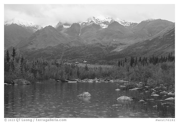 Pond with raindrops, Kennicott, and Bonanza Ridge. Wrangell-St Elias National Park (black and white)
