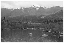 Pond with raindrops, Kennicott, and Bonanza Ridge. Wrangell-St Elias National Park ( black and white)