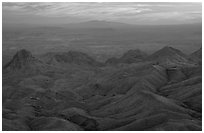 View from South Rim over bare mountains, sunset. Big Bend National Park, Texas, USA. (black and white)