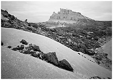 Low white mounds of compacted volcanic ash near Tuff Canyon. Big Bend National Park, Texas, USA. (black and white)