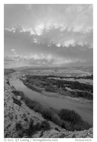Rio Grande River riverbend and clouds, sunset. Big Bend National Park (black and white)