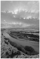 Rio Grande River riverbend and clouds, sunset. Big Bend National Park, Texas, USA. (black and white)