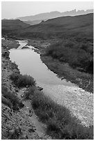 View from above of Rio Grande and hikers heading towards hot springs. Big Bend National Park, Texas, USA. (black and white)