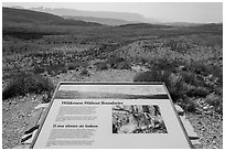 Sierra Del Carmen landscape and interpretative sign. Big Bend National Park, Texas, USA. (black and white)