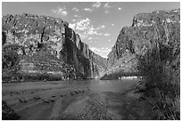 Terlingua Creek mud flats and Santa Elena Canyon. Big Bend National Park, Texas, USA. (black and white)