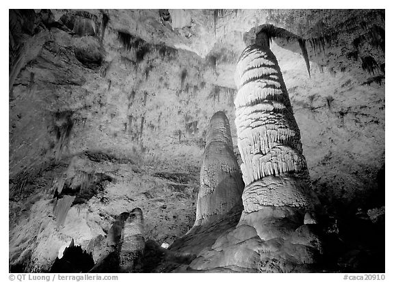 Six-story tall stalagmites in Hall of Giants. Carlsbad Caverns National Park (black and white)